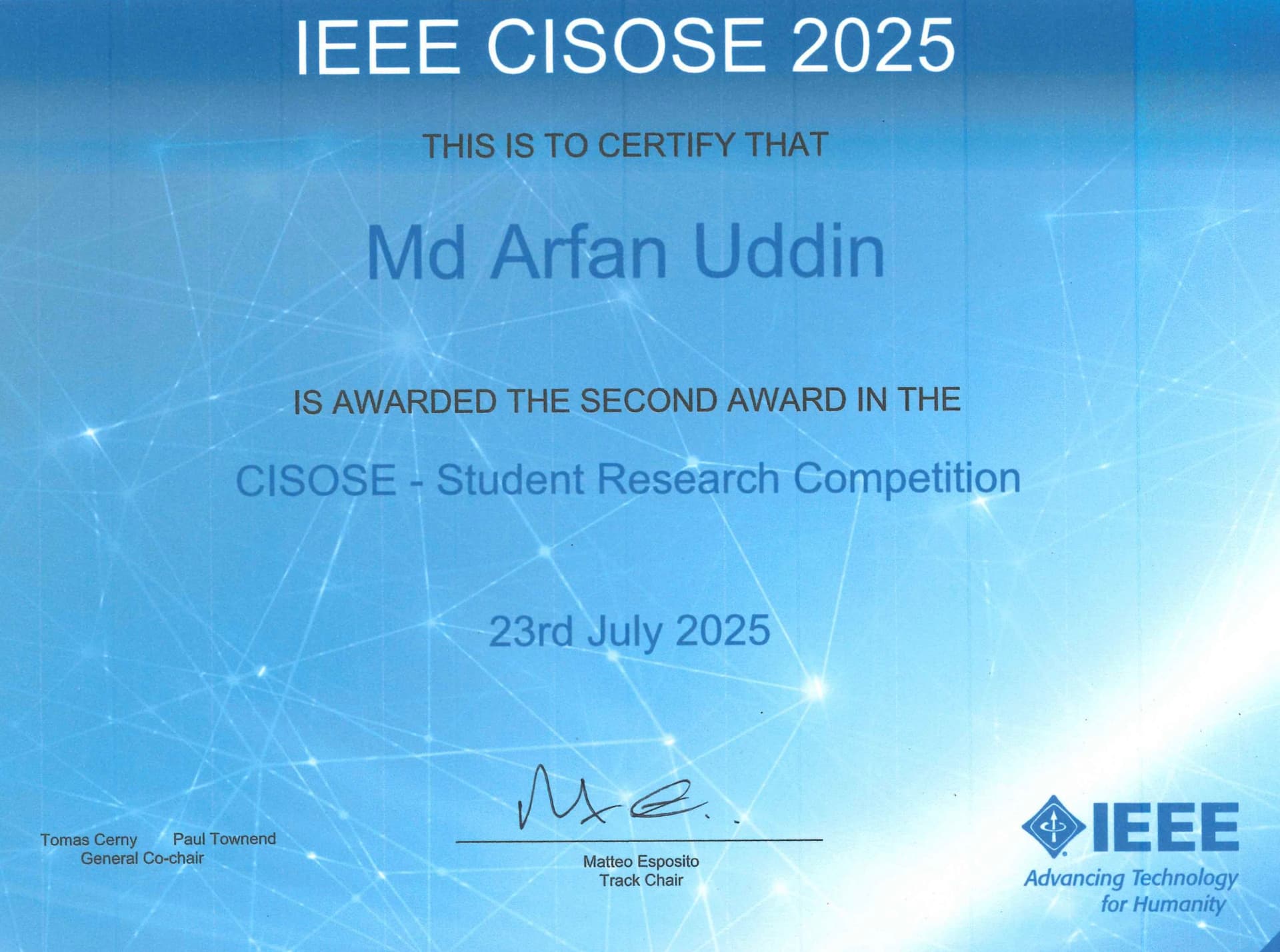 IEEE CISOSE 2025 Student Research Competition 2nd Place certificate awarded to Md Arfan Uddin for Graph-Based LLM Prompting for Scalable Microservice API Testing